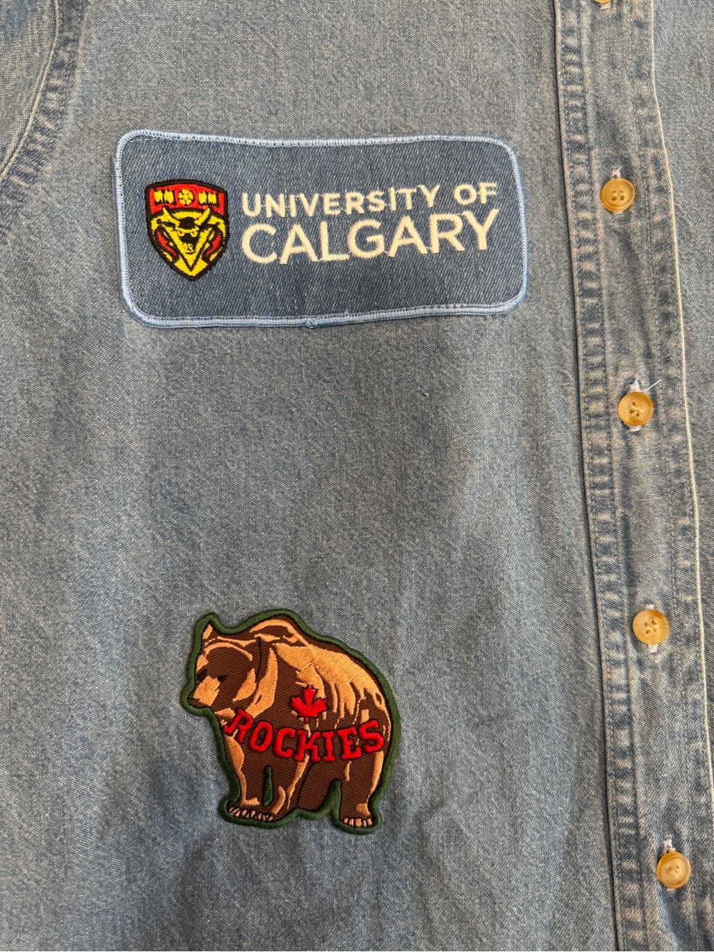 Vintage Denim Button Down with U of C and Alberta Patches Womens L - Picture 5 of 14